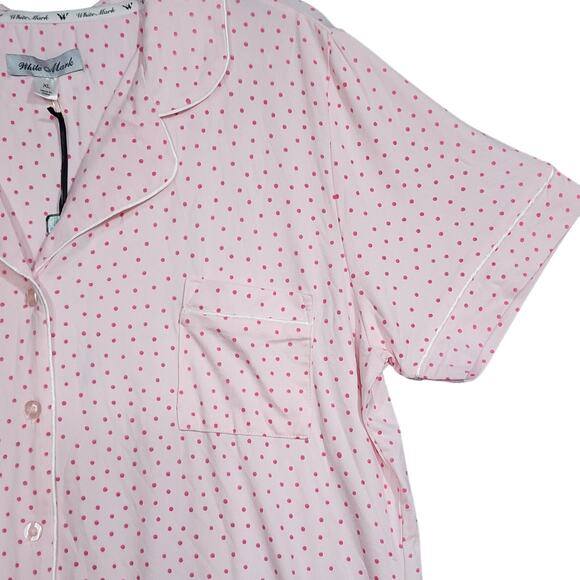 White Mark Short Sleeve Pajama Shorts Set with Button Down Collar Pink Dots XL - Picture 3 of 10